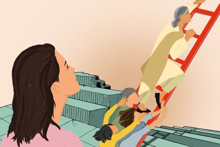 Drawing of a woman walking up a ladder Drawing of a woman walking up a ladder