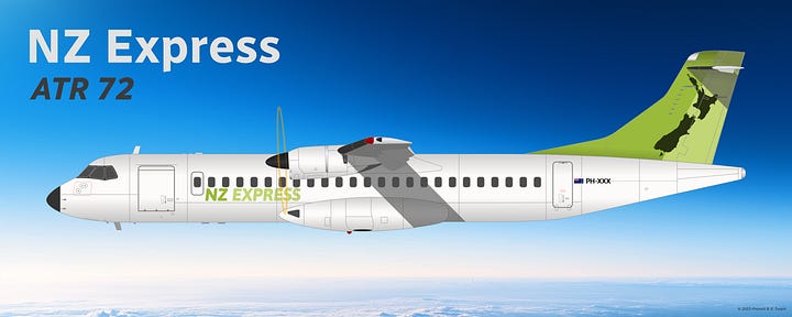 Two Avions de Transport Régional (ATR) aircraft the ATR 42 (L) and ATR 72 (R) - seen in their respective 1971-2007 and 2007-present "Kiwi" liveries, all displayed in side view while in midflight. Both types have been part of the NZ Express fleet since the early 1990s.