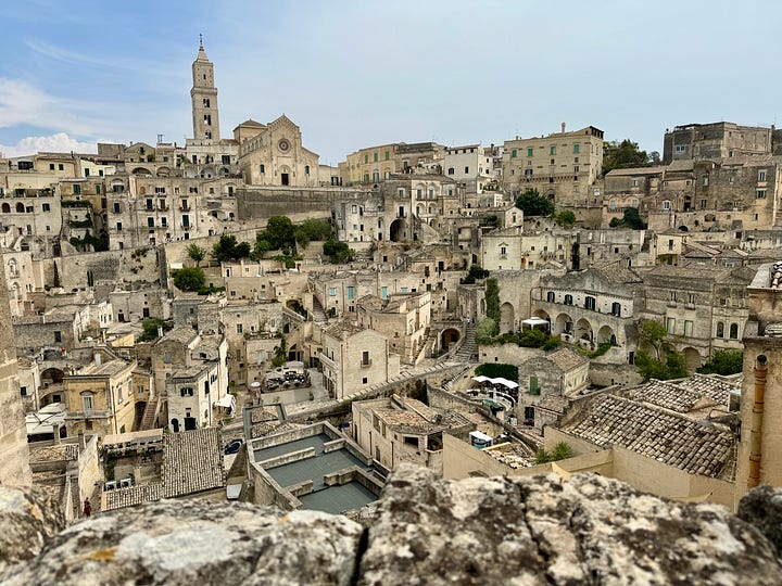 Photos of the old city, a cave house, and the pedestrian piazzas and walkways.