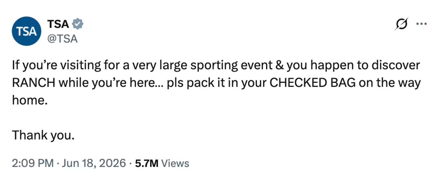 Ranch dressing has to go in checked luggage only Ranch dressing has to go in checked luggage only