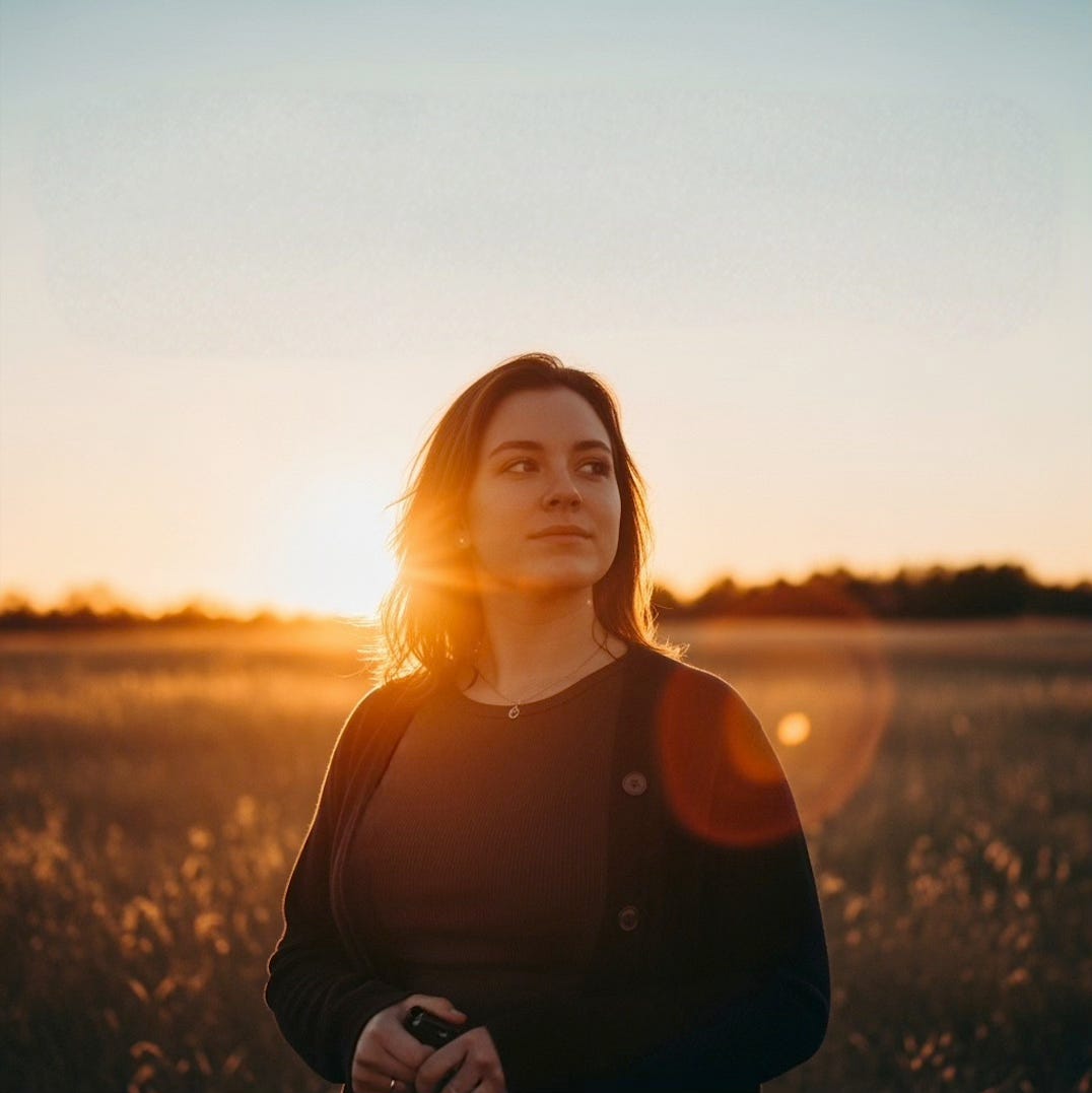 Woman standing at sunset, bathed in warm light and lens flare, contemplating life and the changing seasons, reflecting on personal growth and renewal.