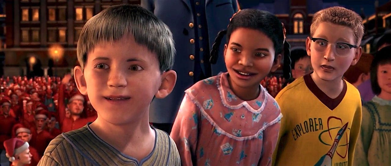 Imágen de la película Polar Express donde salen tres niños hechos por ordenador que dan mucho miedo