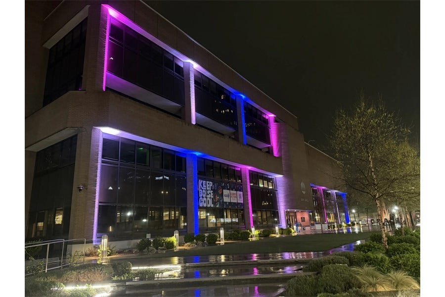 color photo of Boise City Hall at night, with white, light blue, and pink lights illuminating the brick 'pillars' of the two-story building. 