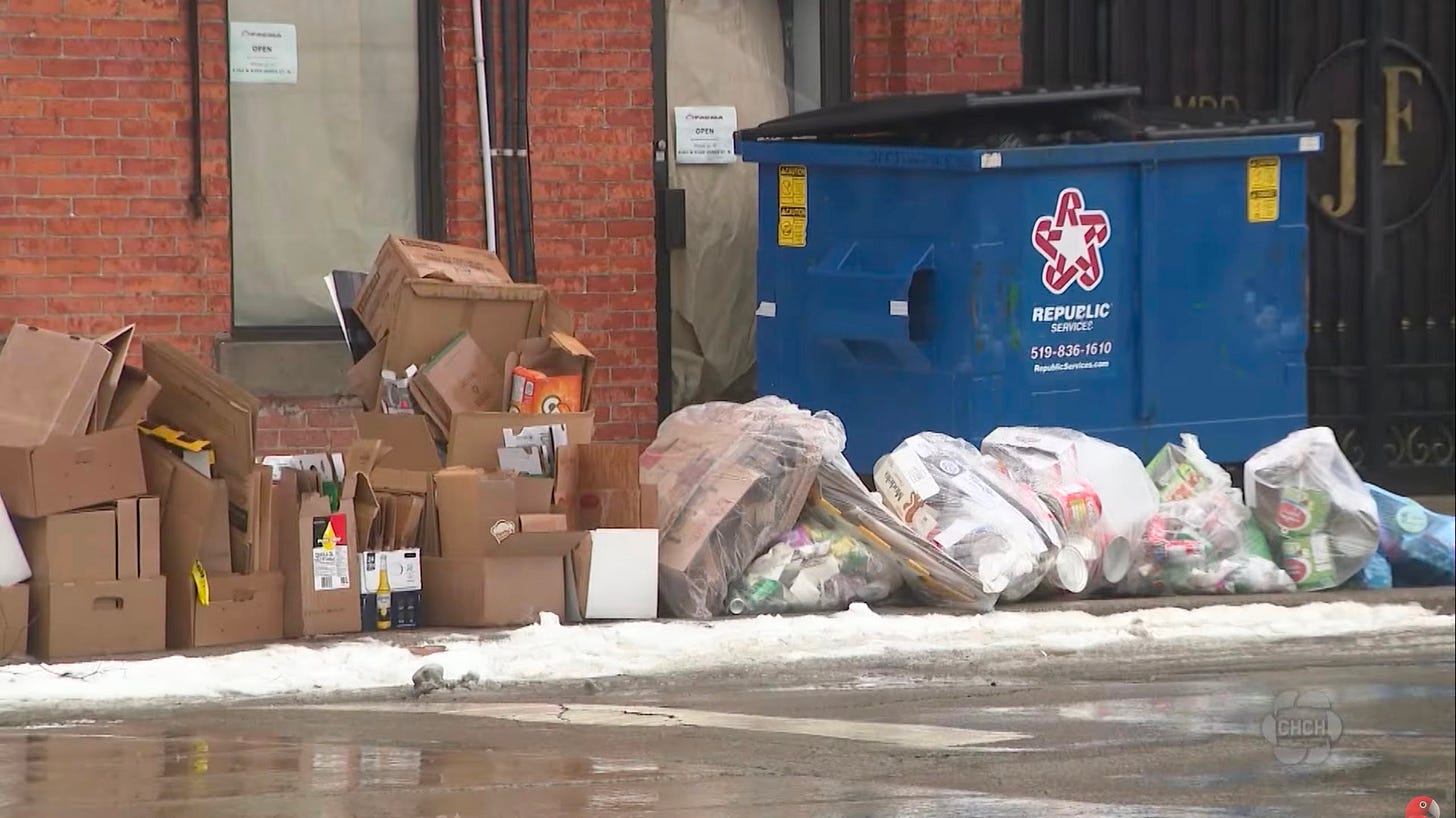Recycling piling up on James Street North during the first week of January - CHCH News broadcast on January 6 Recycling piling up on James Street North during the first week of January - CHCH News broadcast on January 6