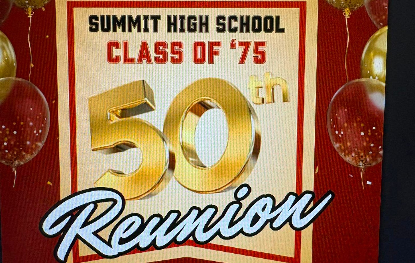 May be an image of text that says 'YOU'RE INVITED TO THE SUMMIT HIGH SCHOOL CLASS OF '75 50 ፓበ Reunion It's time to reconnect and reminisce... Join us for the 50th Summit High School Class of '75 Reunion! Fri., October 10, 2025 Meet Greet Broadway Broadway Diner Summit 7pm 11pm Sat., October 11, 2025 Reunion Fortnightly Club, Summit 6:30pm- 11pm VISIT THE LINKS BELOW FOR DETAILS AND TICKETS! www.summithigh75.com Getyour TicketsHere! Tickets Here!'