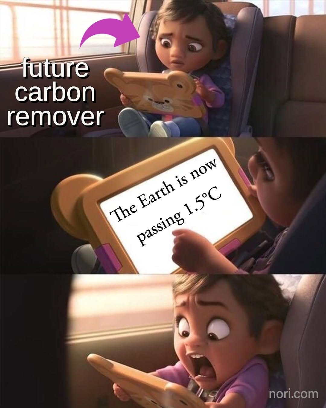 Three animated stills of a girl in a car seat, labelled "future carbon remover", reading a toy tablet that says "The Earth is now passing 1.5°C", and screaming.