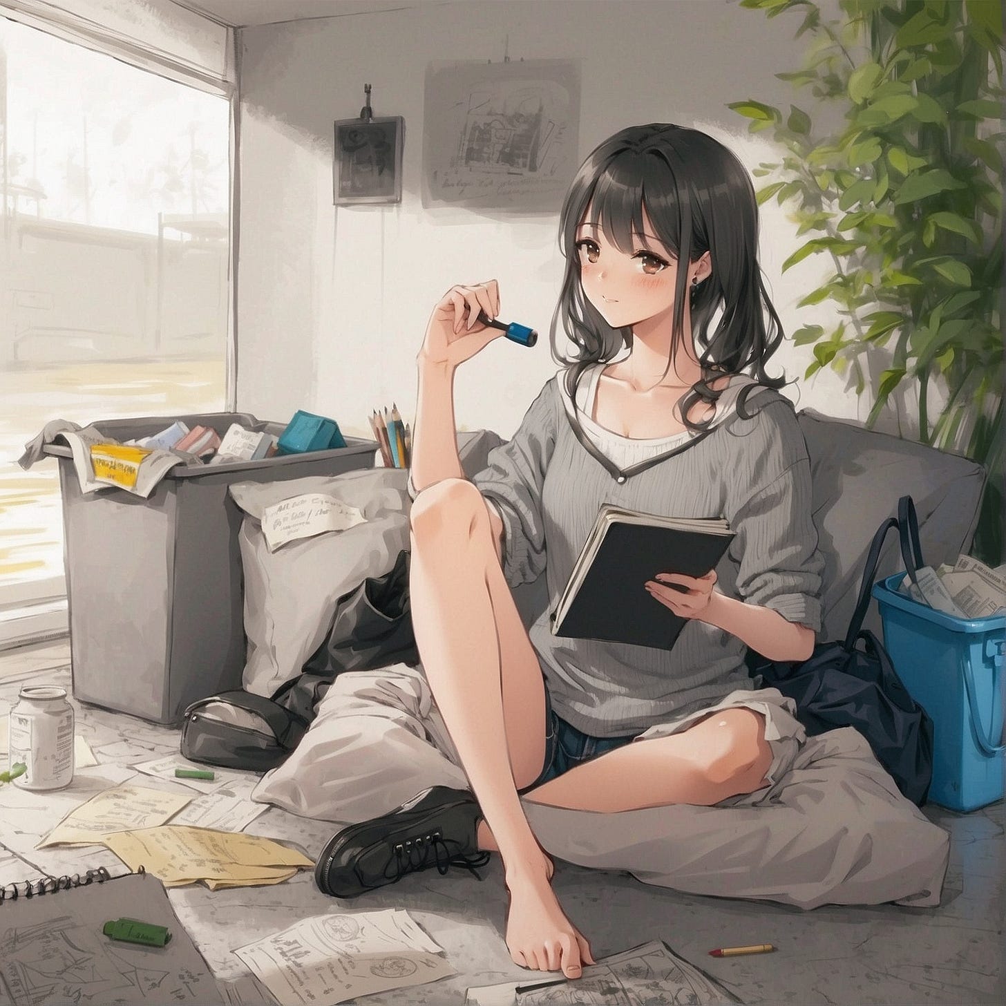 With a gentle demeanor, the girl throws a short story manuscript in the trash.