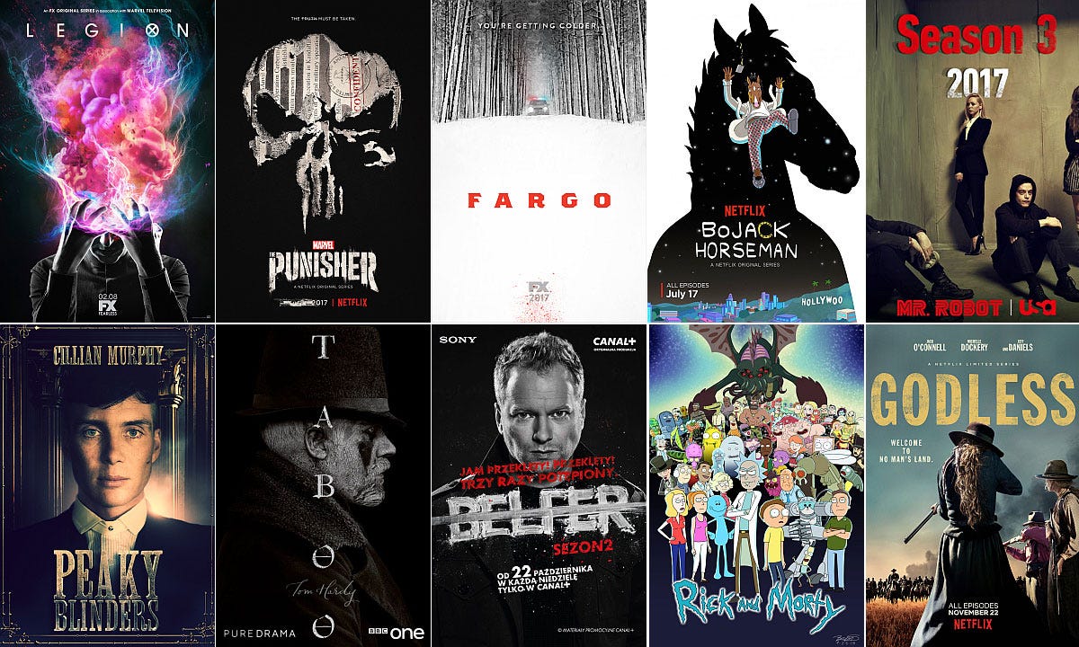 Miejsca 20-16, kolejno od lewej: Legion, Punisher, Fargo, BoJack Horseman, Mr. Robot.<br>Miejsca 15-11: Peaky Blinders, Taboo, Belfer, Rick & Morty, Godless.