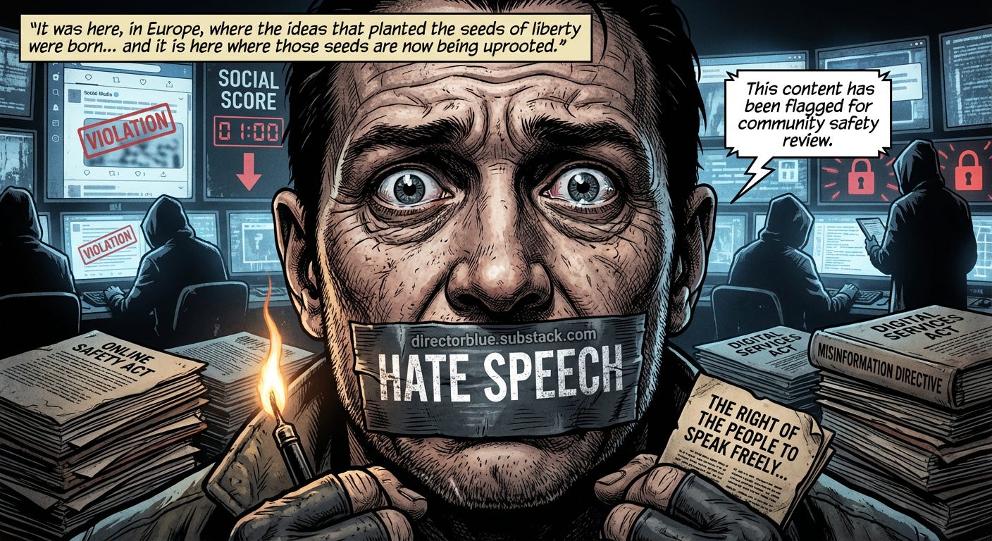  Image PromptFrank Miller graphic novel style full color oppressive and Orwellian Extreme close-up of a citizens face  eyes wide with fear mouth literally sealed shut by a strip of tape labeled HATE SPEECH The face is rendered in excruciatin_image_1