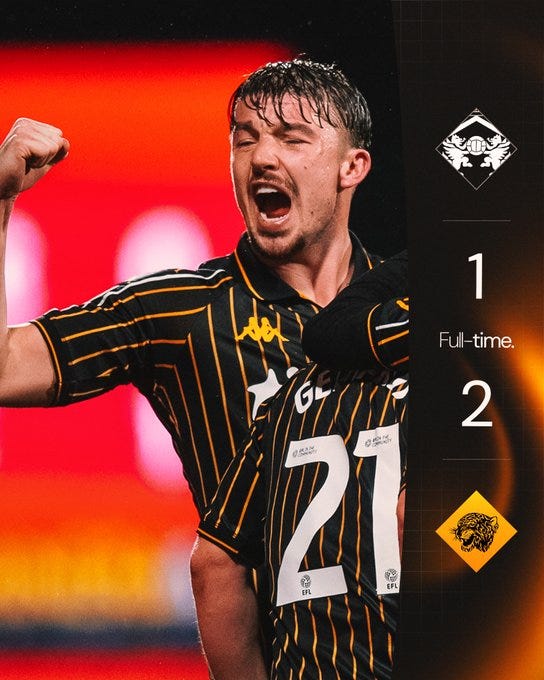Full-time graphic reads Wrexham 1-2 Hull City, featuring Charlie Hughes celebrating Full-time graphic reads Wrexham 1-2 Hull City, featuring Charlie Hughes celebrating
