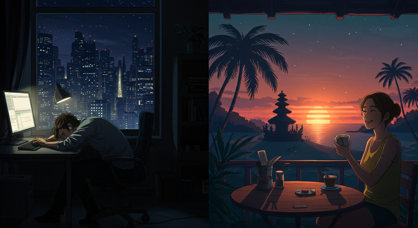 Contrast: exhausted person working late vs. relaxed person enjoying sunset. Shows paranoia about AI impact.