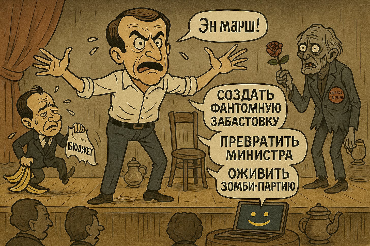 Сатирическая карикатура: Эммануэль Макрон стоит на сцене театра с раскинутыми руками. В яме суфлёра — ноутбук-ИИ с улыбающимся экраном, который подсказывает фразы: «Создать фантомную забастовку», «Превратить министра в банан», «Оживить Зомби-партию». Слева министр подскальзывается на банановой кожуре с разорванным бюджетом в руках. Справа зомби-политик с надписью «Re» держит чашку чая, из которой проливается жидкость.
