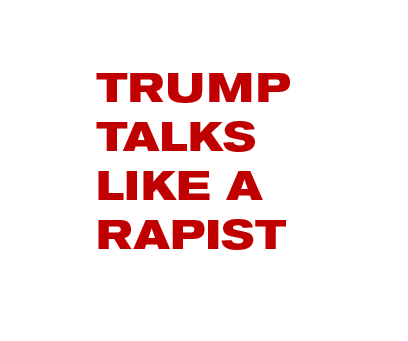 Image with red all-caps letters in Akzidenz Grotesk BE BoldEx font on a white background, with the words stacked on top of each other instead of in a line,, saying TRUMP TALKS LIKE A RACIST