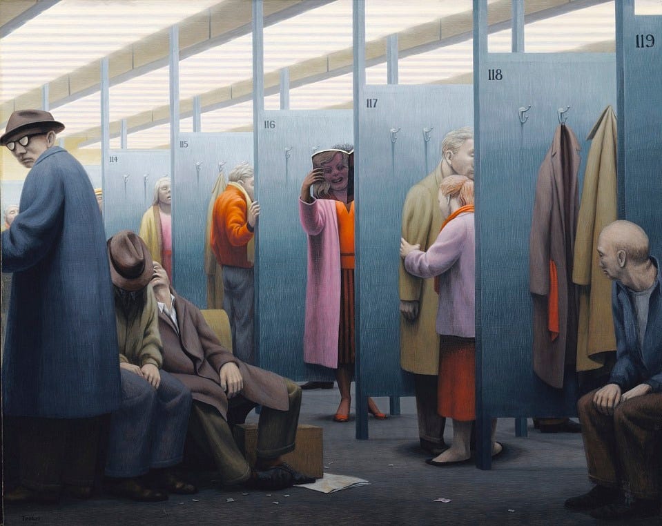 George Tooker, The Waiting Room, 1959, egg tempera on wood, Smithsonian American Art Museum, Gift of S.C. Johnson & Son, Inc., 1969.47.43