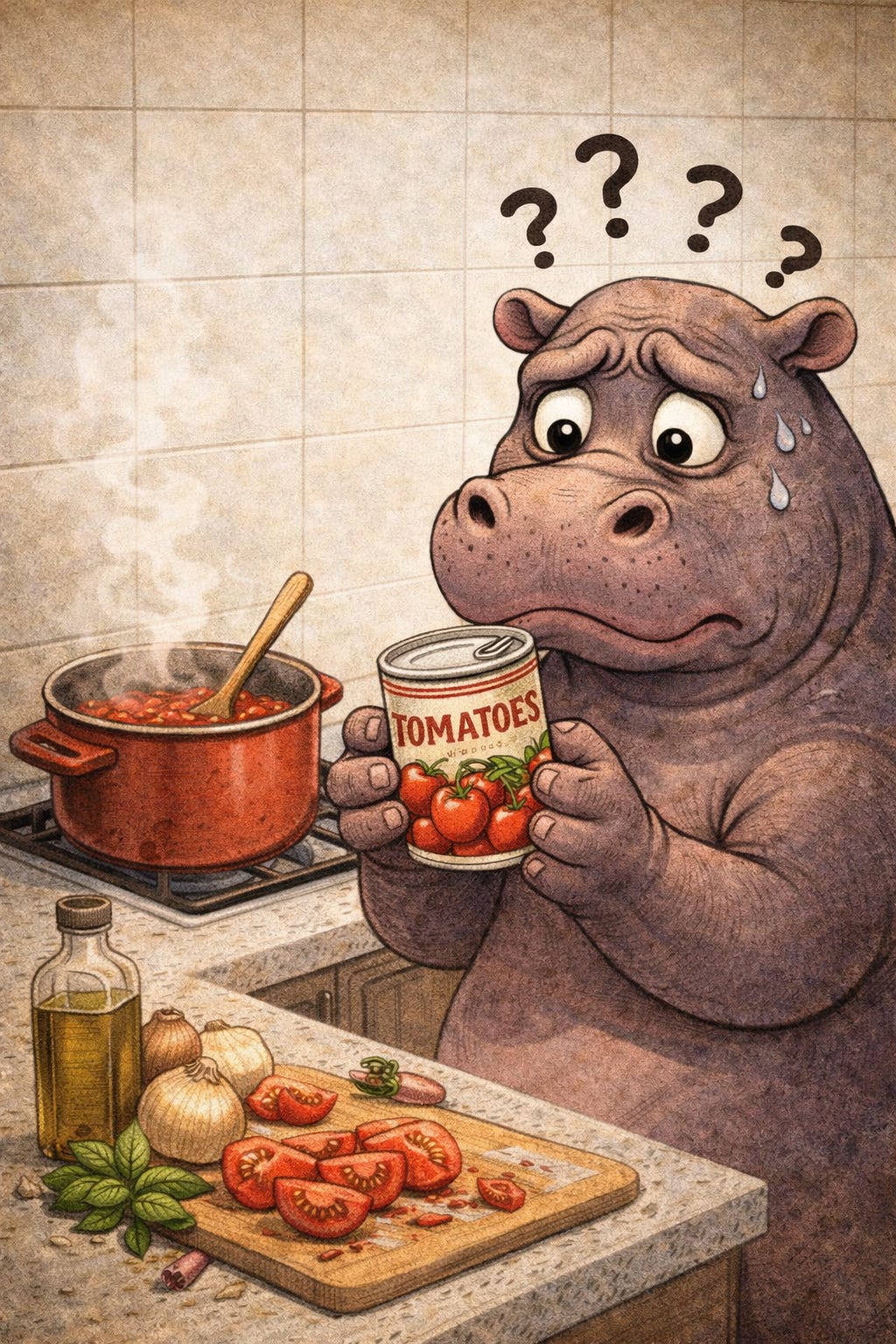 A vintage-style illustration of a slightly anxious grey hippo standing in a tiled kitchen, holding a can labelled “Tomatoes” with both hands and examining it with concern. A few sweat drops and question marks above its head suggest doubt. On the hob behind, a pot of tomato sauce simmers with steam rising. On the counter in front are chopped fresh tomatoes, onions, garlic, basil and a bottle of olive oil, highlighting the contrast between fresh ingredients and the single tinned item.
