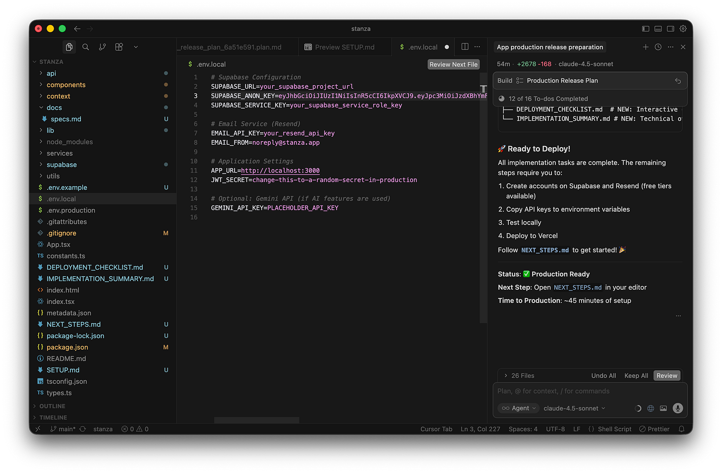 The Cursor code editor shows an open environment file where the database connection URLs and secret keys are securely stored. The Cursor code editor shows an open environment file where the database connection URLs and secret keys are securely stored.