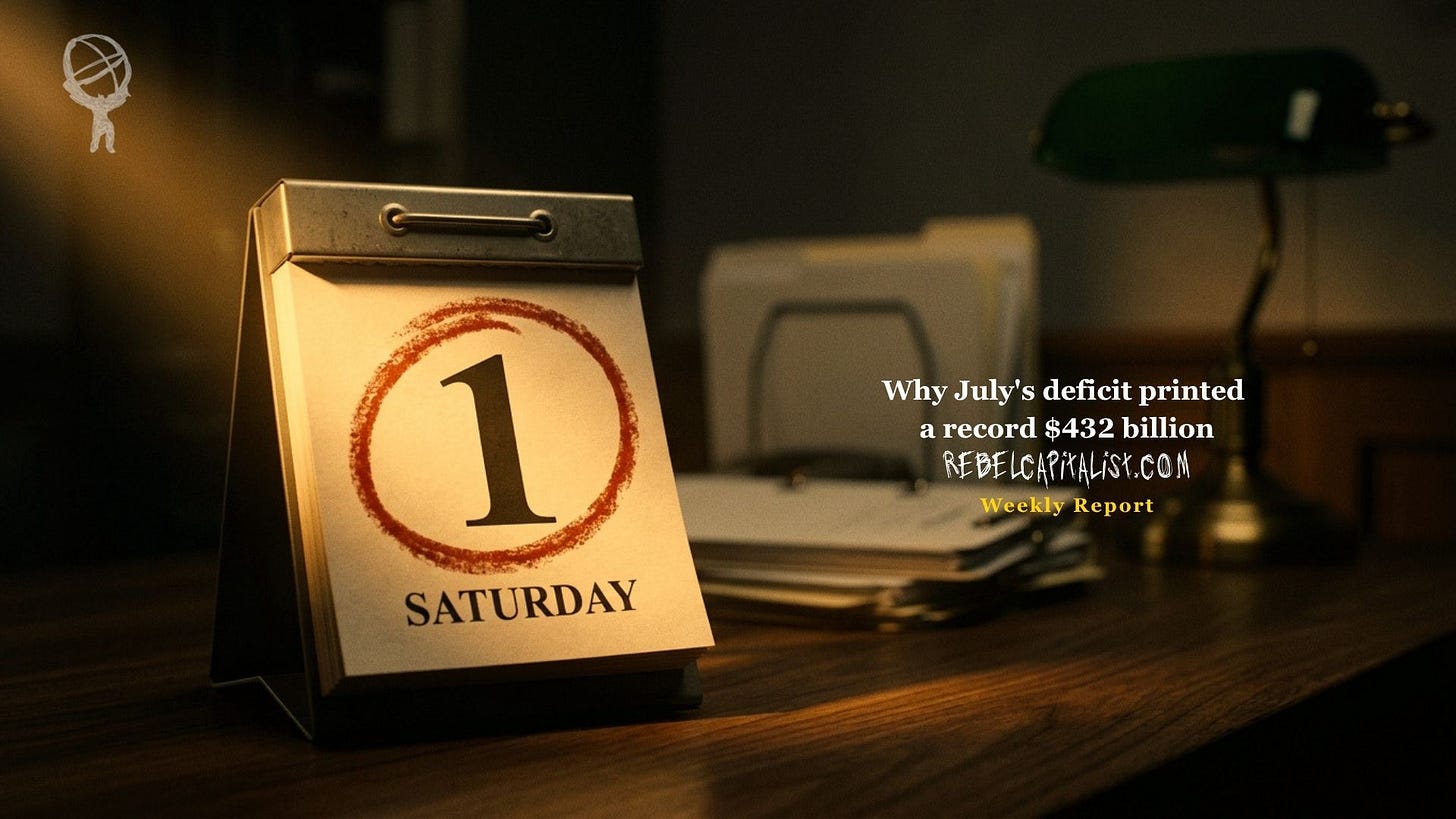 Calendar showing Saturday the 1st with red circle highlighting record 432 billion July deficit Calendar showing Saturday the 1st with red circle highlighting record 432 billion July deficit