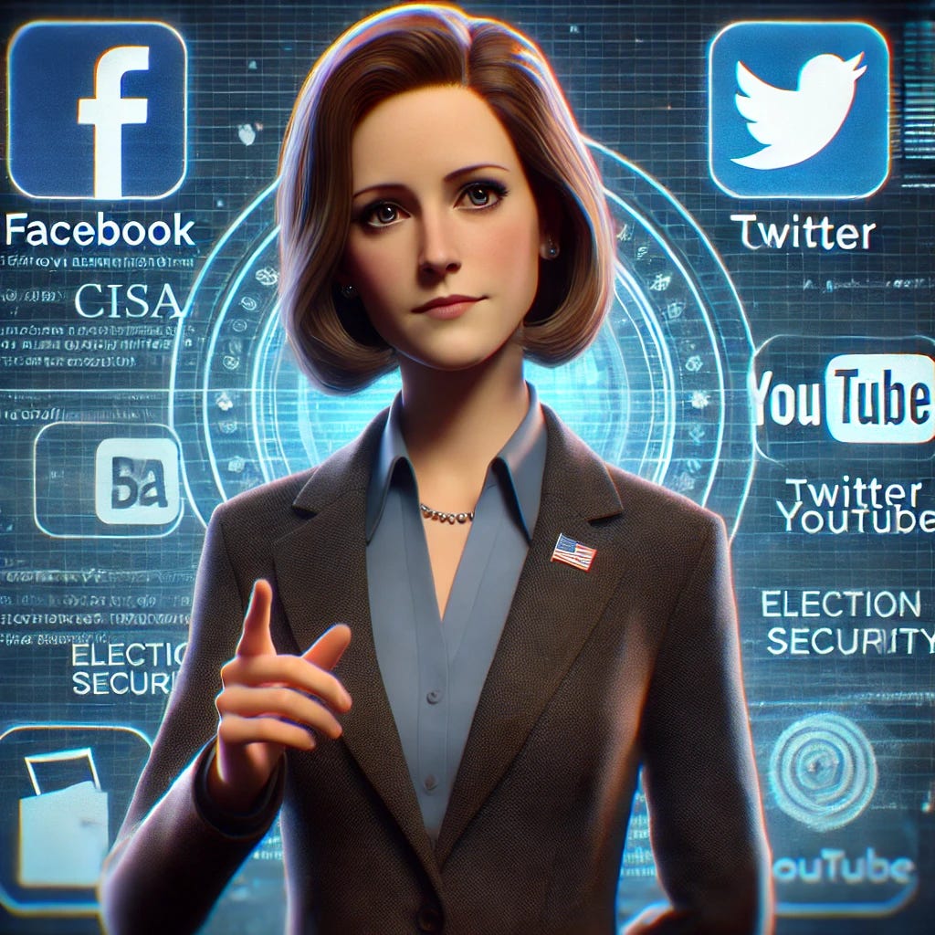 A female government official resembling CISA Director Jen Easterly, wearing a suit, standing in front of a digital background with social media icons such as Facebook, Twitter (X), and YouTube. She has a serious expression and is gesturing with her hand as if making a point. The background includes subtle representations of election infrastructure, like ballots and voting machines, to emphasize the theme of election security.