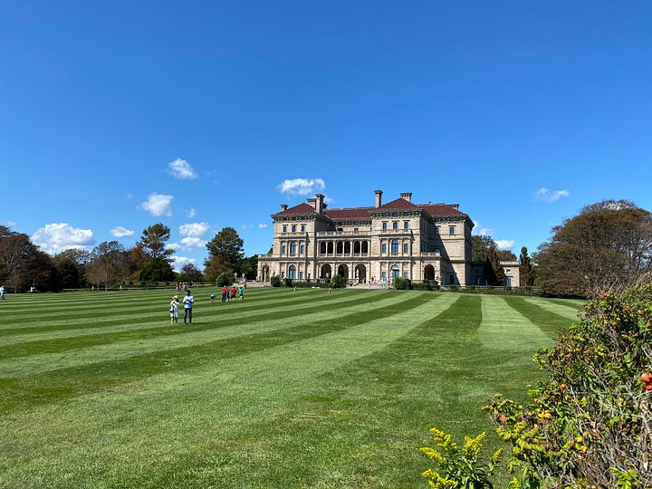 cliffs, mansion, grass, sky, rocks