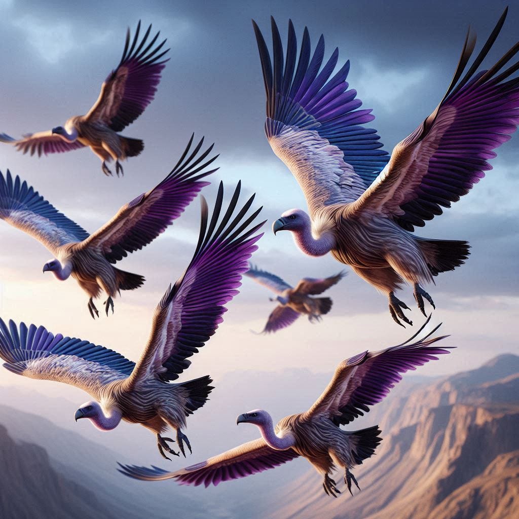 violet vultures vanishing photorealistic
