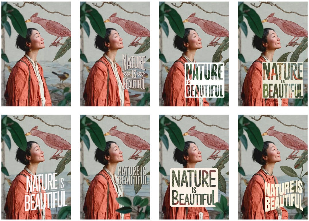 The original image is at the top left. The remaining images are the results of text overlay.