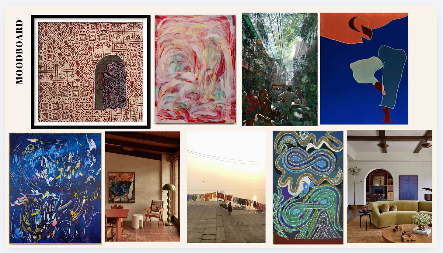 Moodboard of nine images in two rows, including a red block-printed textile with an arched window, a pink and red gestural painting, a leafy street in India, a deep blue abstract with bright marks, a terracotta-toned room, laundry drying on a river ghat at sunrise, a green and blue dotted painting, and a living room with an arched doorway.