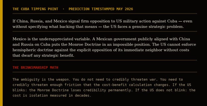 The Cuba Tipping Point — Timestamped May 2026: If China, Russia, Mexico signal firm opposition to US military action against Cuba, US faces genuine strategic problem. Mexico is the underappreciated variable. Brinksmanship math: ambiguity is the weapon, credible friction changes the calculation. If US blinks: Monroe Doctrine loses credibility permanently. If US doesn't blink: isolation measured in decades.