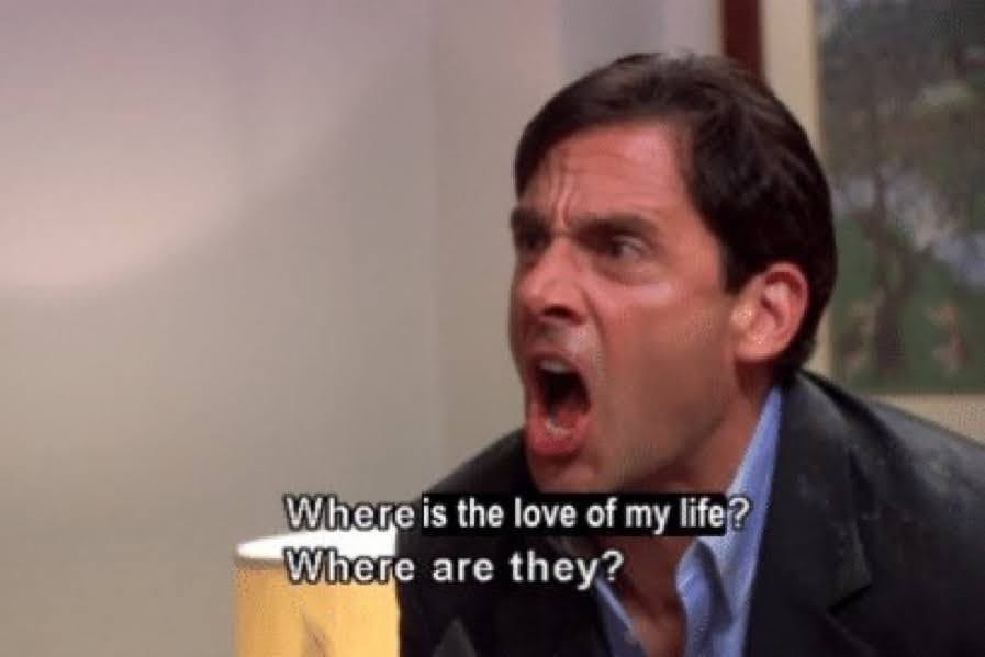 Steve Carell screaming with the text underneath "Where is the love of my life? Where are they?"