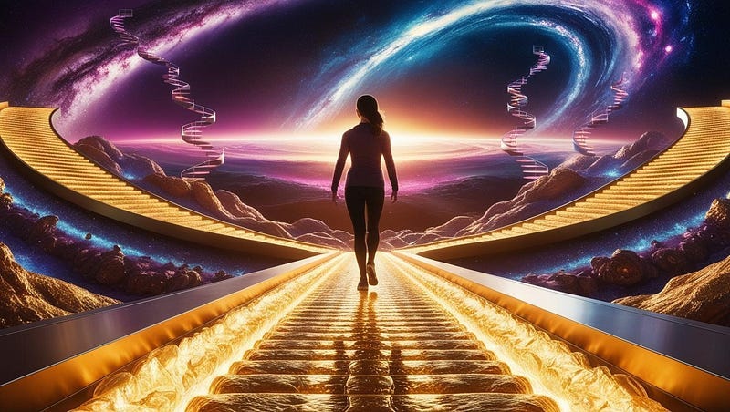 A silhouetted figure stands at the edge of a glowing pathway leading into a vast cosmic expanse, symbolizing life’s transitions and stepping into the unknown with confidence.