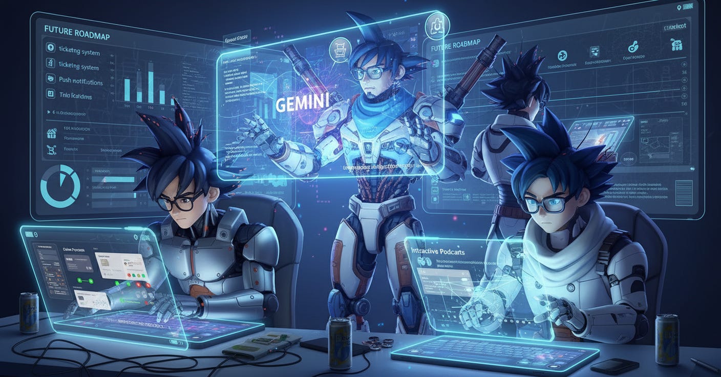 Ilustración de un equipo de desarrollo trabajando en colaboración con una IA para construir la aplicación CondoConnect 360 durante un sprint intensivo. Ilustración de un equipo de desarrollo trabajando en colaboración con una IA para construir la aplicación CondoConnect 360 durante un sprint intensivo.