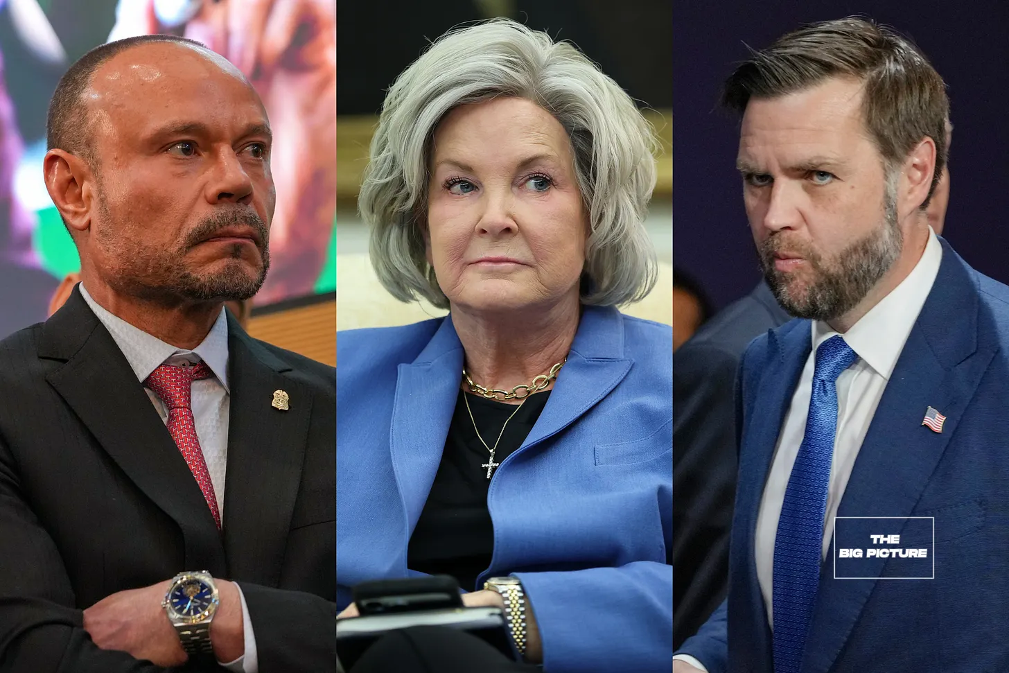LEFT: Former FBI Assistant Director Dan Bongino. Photo by Chris Samuels/The Salt Lake Tribune via Getty Images. CENTER: White House Chief of Staff Susie Wiles. Photo by Kevin Dietsch/Getty Images. RIGHT: U.S. Vice President JD Vance. Photo by Nathan Howard-Pool/Getty Images.