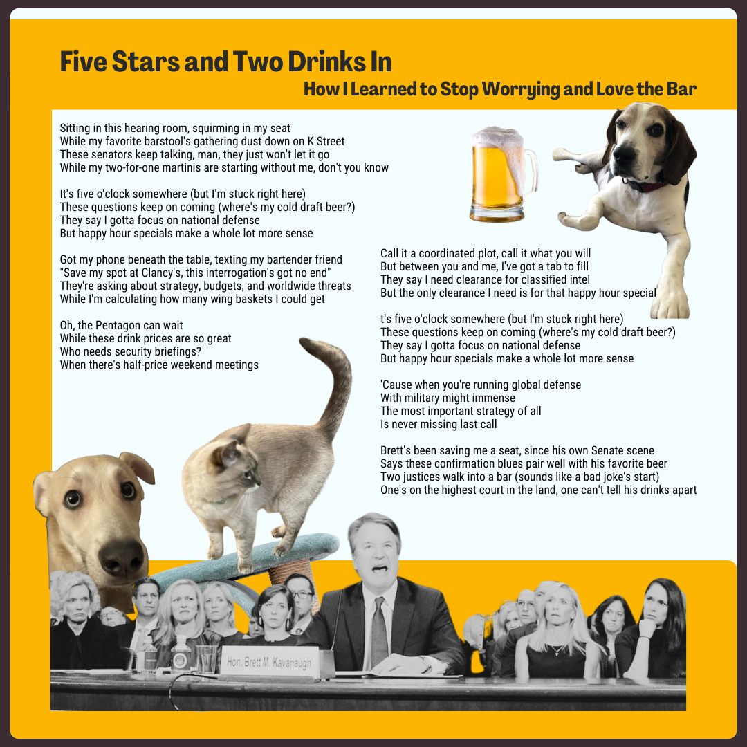 A collage featuring Brett Kavanaugh's infamous Senate testimony, with WAG TEAM pets providing commentary from above. Moby, looking skeptically at the proceedings. Not the first time we’ve seen this show.