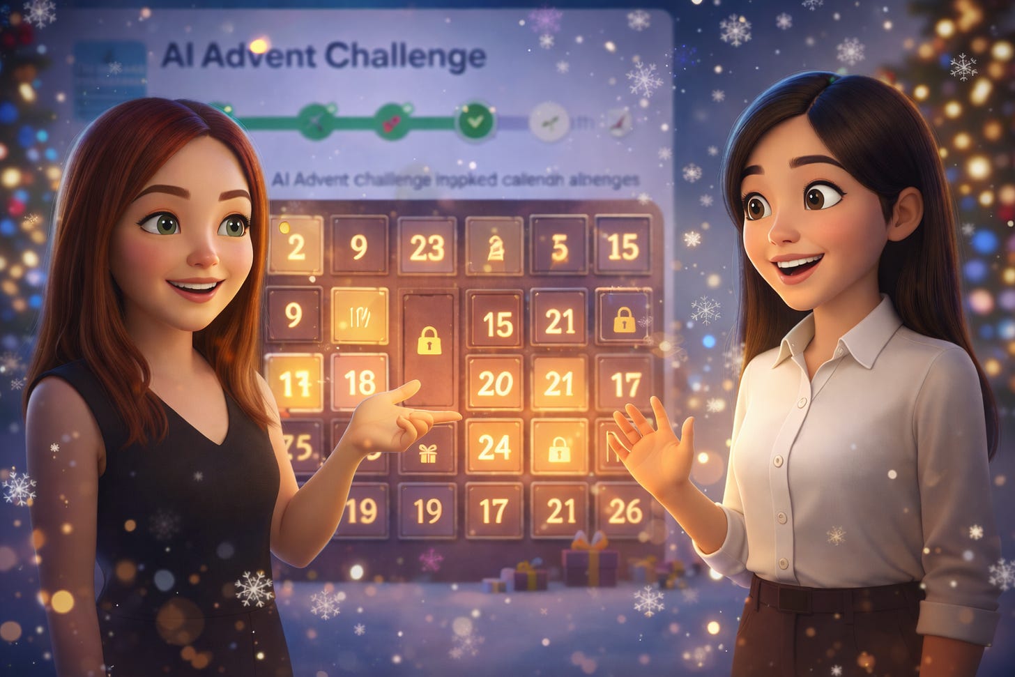 AI Advent Challenge advent calendar interface from Elena, listed in vibecoding.builders and featured in Build to Launch Friday at buildtolaunch.ai - how domain experts build community-driven learning events with AI collaboration and relentless iteration.