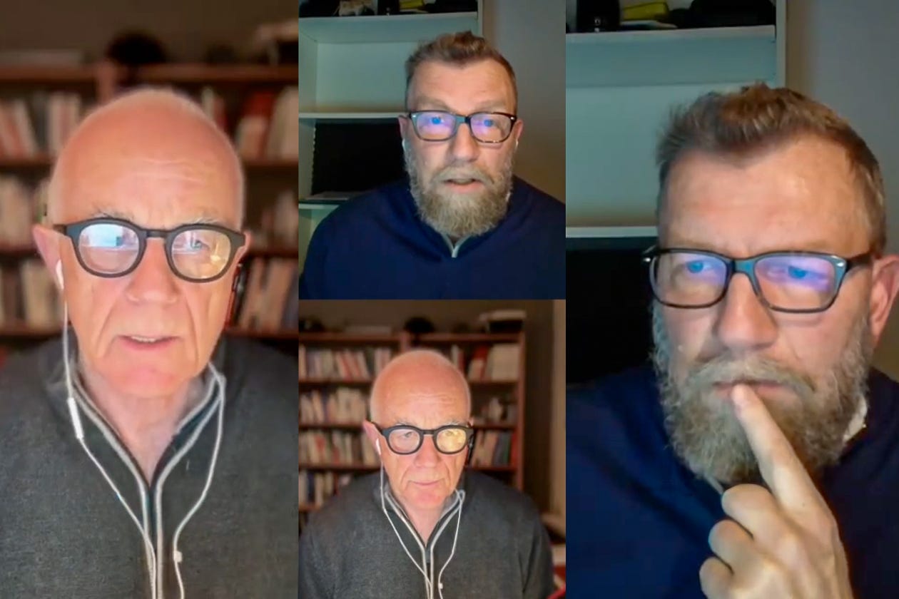 Screenshot der Videoaufnahme zum «Klima-Kolumne»-Podcast: Links ist Peter Fuermetz mit Brille und Kopfhörern vor einem Bücherregal zu sehen, rechts Jürg Vollmer mit Brille und Bart in verschiedenen Einstellungen, nachdenklich und im Gespräch.