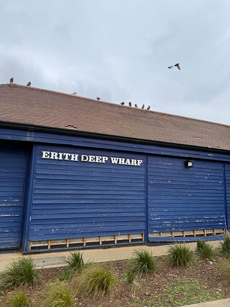 Photos of a boat at sea, a buidling with the words Erith Deep Wharf on the side, and a landscape with marsh