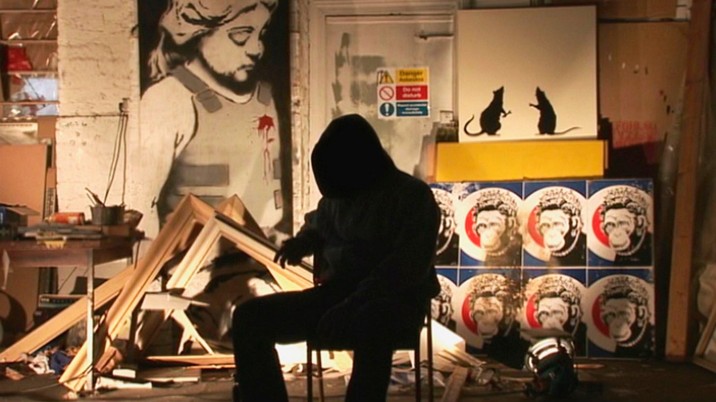 Frame from the 2010 documentary about the ,mysterious artists Banksy, Exit Through the Gift Shop.