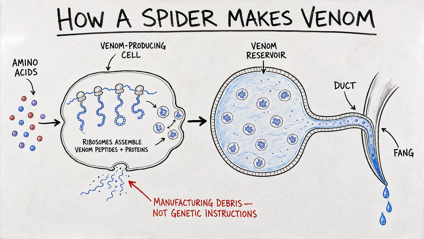 Whiteboard-style diagram titled “How a Spider Makes Venom.” Amino acids enter a venom-producing cell, where ribosomes assemble venom peptides and proteins. The venom moves into a reservoir and through a duct to the fang, while leaked cellular fragments are labeled “manufacturing debris—not genetic instructions.” Whiteboard-style diagram titled “How a Spider Makes Venom.” Amino acids enter a venom-producing cell, where ribosomes assemble venom peptides and proteins. The venom moves into a reservoir and through a duct to the fang, while leaked cellular fragments are labeled “manufacturing debris—not genetic instructions.”