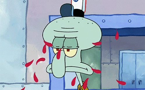Spongebob showers an unamused Squidward with confetti