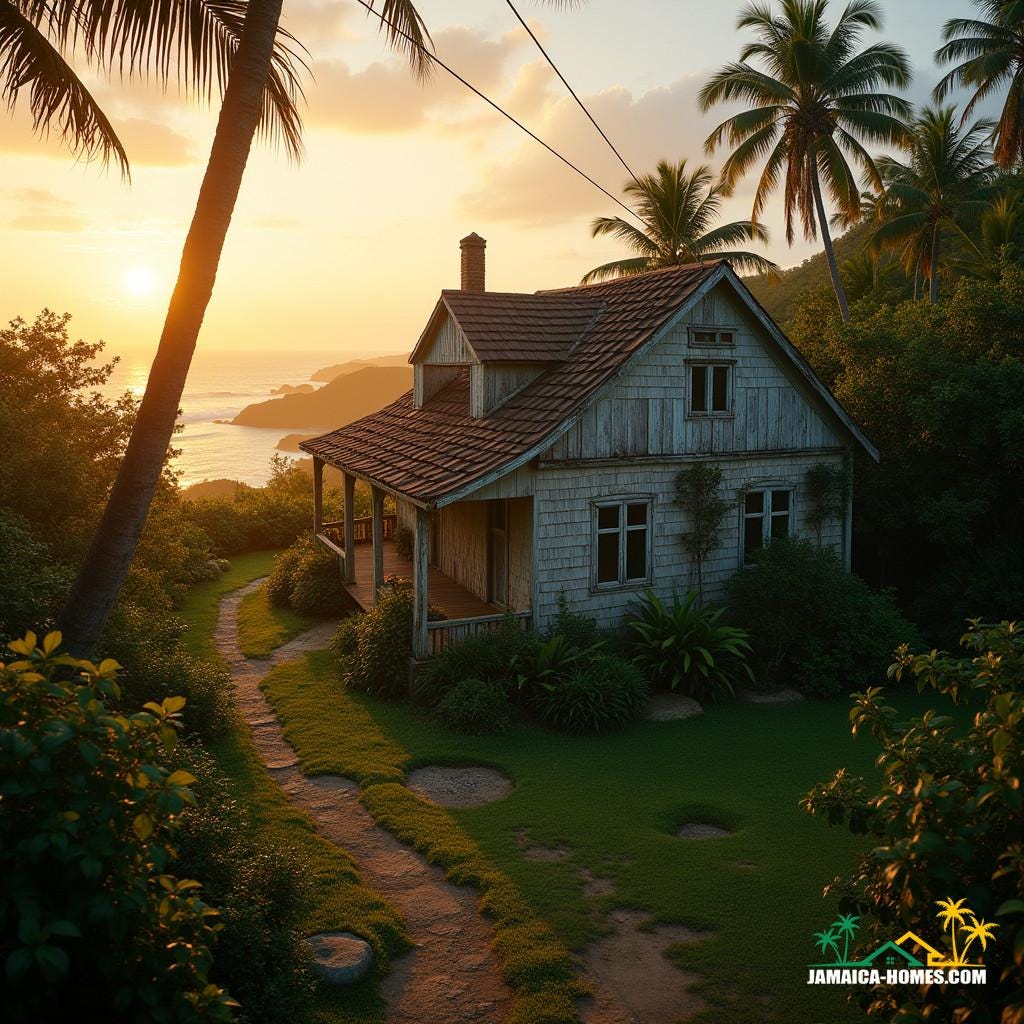 Weathered Cape Cod style house on a windswept hillside in rural Jamaica, Caribbean, bathed in warm, golden light of a tropical sunset, with lush greenery and vibrant flora surrounding the property, cinematic lighting emphasizing the textures of wooden shingles and stone walls