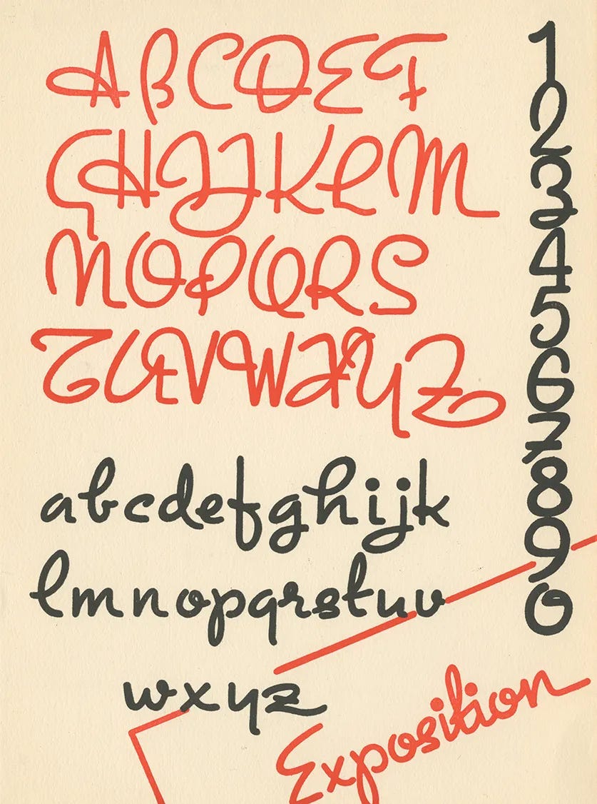 Hand-lettered monoline script specimen showing red uppercase alphabet, black lowercase alphabet, and a vertical column of black numerals 1–0, with the word “Exposition” in red on cream paper.