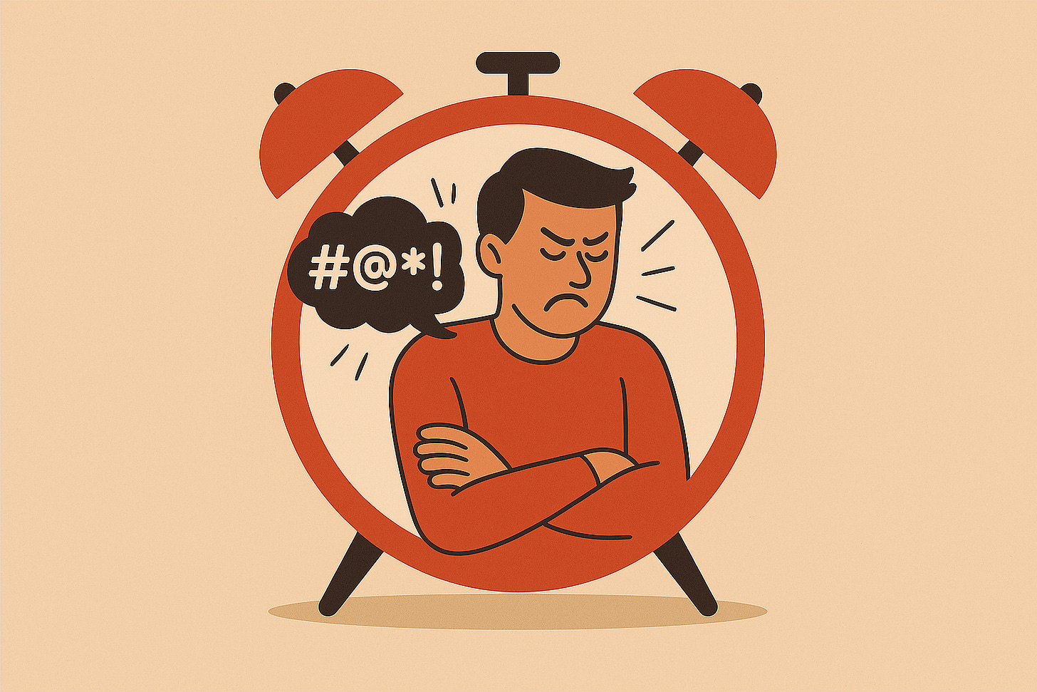 a centered, minimalist conceptual illustration showing a frustrated man inside a red alarm clock frame, expressing negativity with crossed arms and a cloud-shaped speech bubble containing symbols like #@*!; the man has short dark hair, wears a burnt orange shirt, and is surrounded by a warm beige background; no other clocks or elements present; no words