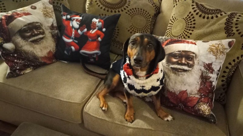 Dog in blue and white sweater and red bow collar sits on couch by three Black Santa Claus pillows