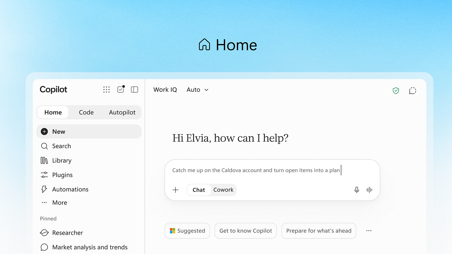 Screenshot of new home page on Copilot. Screenshot of new home page on Copilot.