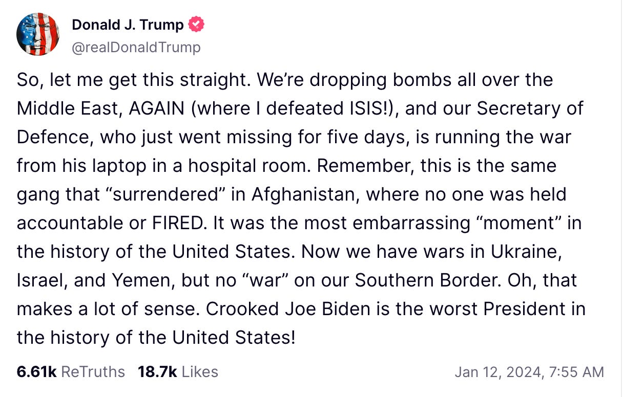 Trump Truth Social criticizing Biden about bombing Yemen