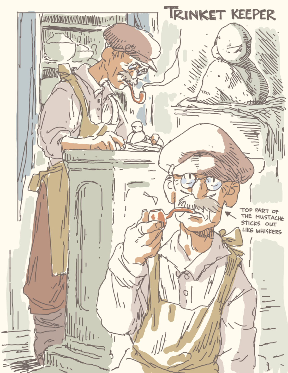 an old man inspecting a stone statue