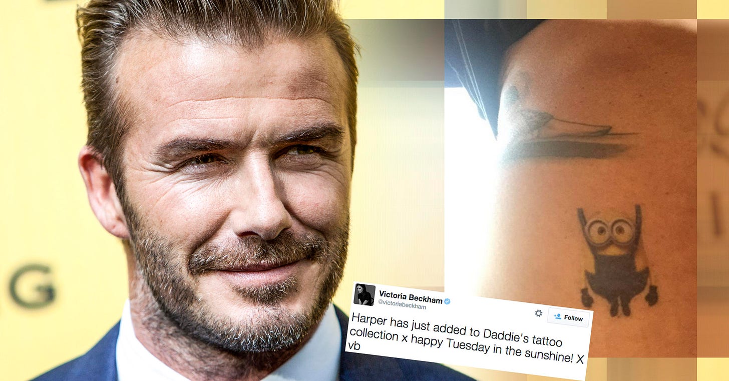 B/R Football على X: "David Beckham adds a Minion tattoo to the collection  to keep his daughter Harper happy http://t.co/dySQnga5rr  http://t.co/KsUdSWACCm" / X