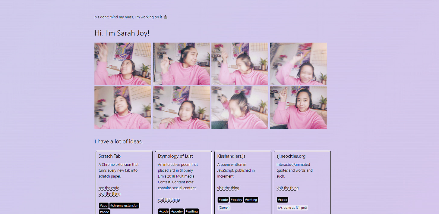 A website with a lavender background, the header says "Hi, I'm Sarah Joy!" There are two rows of blurry pictures of an Filipina woman dancing, and a list of ideas below them.