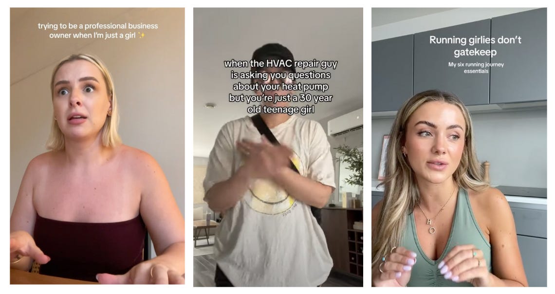 Screenshots of 3 TikToks. 1. "Trying to be a professional business owner when I'm just a girl." 2.) "I'm just a 30 year old teenage girl." 3.) "Running girlie"