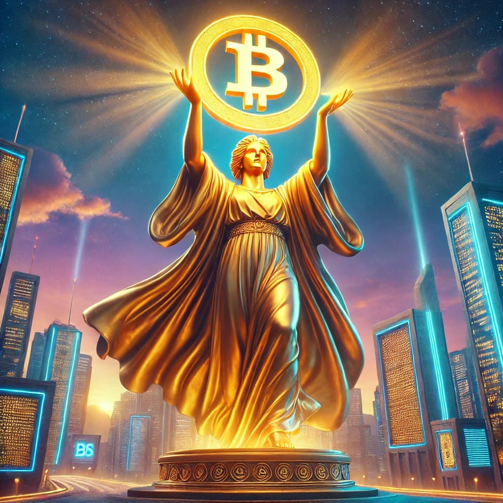 A colossal golden statue of a majestic figure holding a glowing Bitcoin symbol high above its head. The statue stands atop a grand pedestal, surrounded by a futuristic cityscape with neon-lit skyscrapers. The figure has a regal and powerful stance, draped in flowing robes, with intricate engravings of blockchain patterns covering its surface. The Bitcoin symbol emits a radiant golden light, illuminating the surrounding area. The sky is a blend of deep purples and blues, adding to the futuristic and awe-inspiring atmosphere.