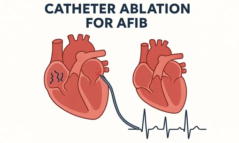 Medical illustration showing catheter ablation for atrial fibrillation in a stylized heart. A thin catheter enters through the femoral vein and reaches the left atrium, where its tip targets the pulmonary vein area with energy dots indicating ablation. The heart is rendered in shades of red and pink, with labeled chambers and vessels. Designed in a clean 16:9 format with senior-friendly colors and clear anatomical shading.